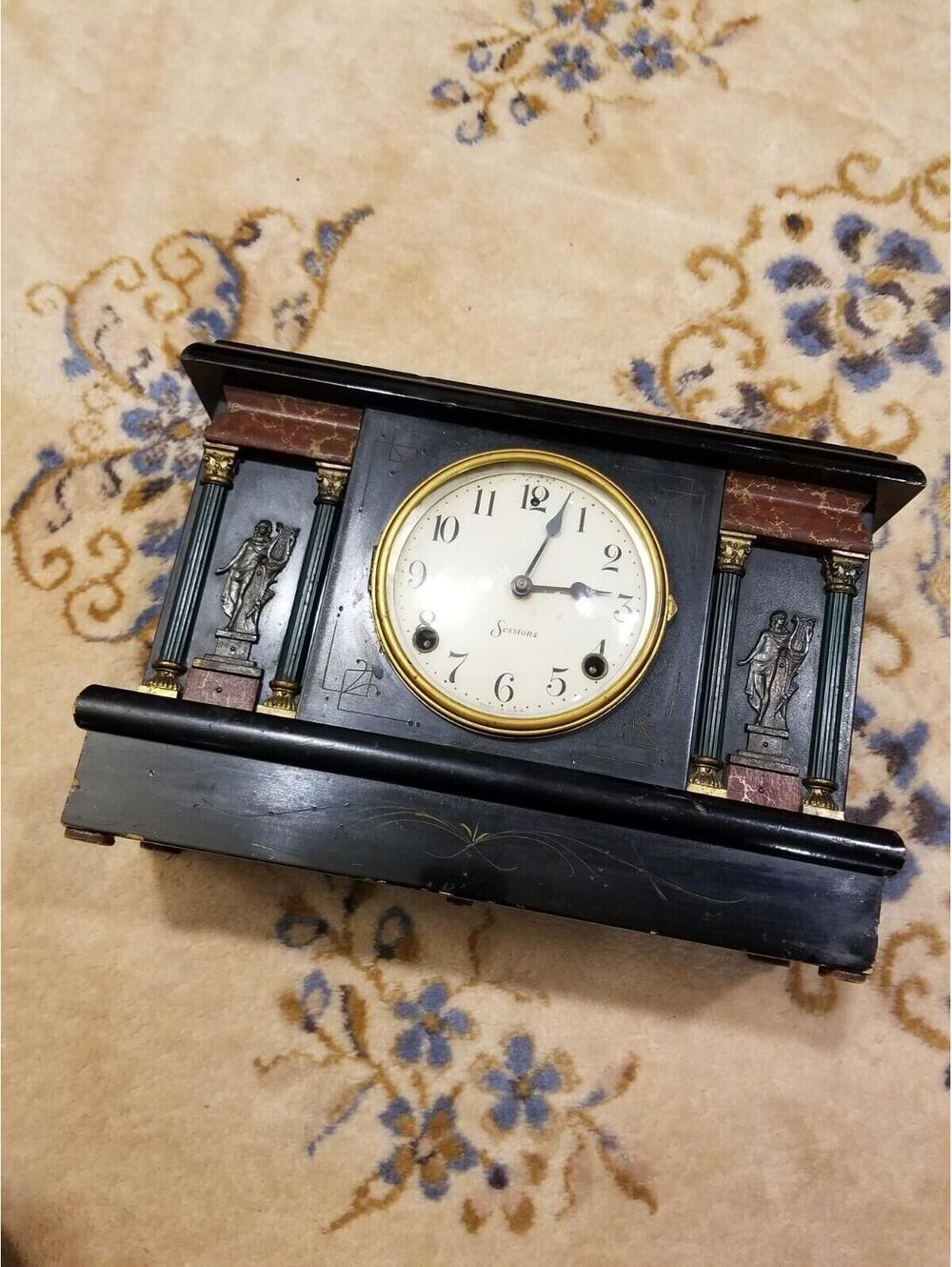 Vintage Sessions MANTLE CLOCK Columns Women Harps Black Gold Cathedral Old *READ